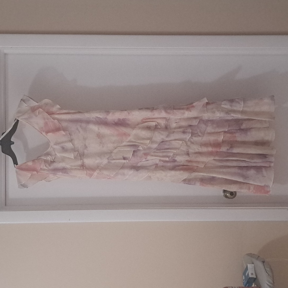 Vintage Janine Giorgenti multi tiered watercolor midi dress w ruffles sz8 EUC